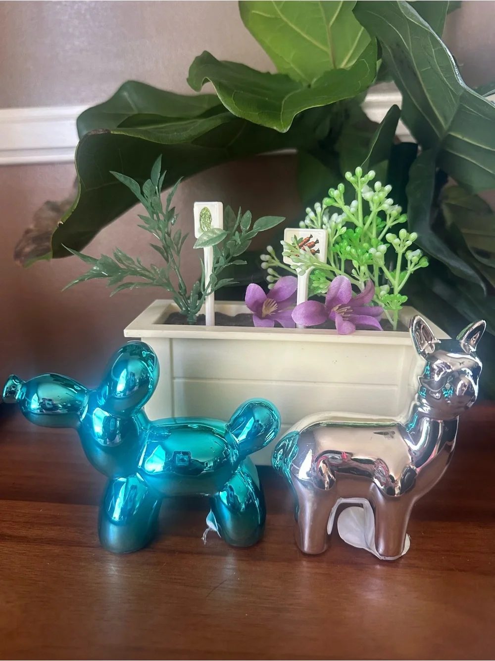 Decorative Metallic Balloon Dog and Llama Figurine Set - Blue & Silver